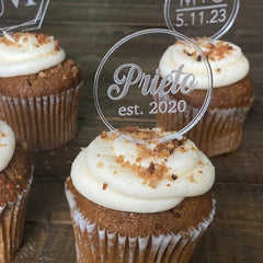 Custom Acrylic Cupcake Toppers in circle or ring shapes, ideal for weddings, birthdays, and special events. These personalized cupcake toppers are durable, stylish, and perfect for adding a unique touch to your baked goods. Available in a variety of custom designs to match your celebration theme.