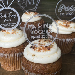 Custom Acrylic Cupcake Toppers in circle or ring shapes, ideal for weddings, birthdays, and special events. These personalized cupcake toppers are durable, stylish, and perfect for adding a unique touch to your baked goods. Available in a variety of custom designs to match your celebration theme.