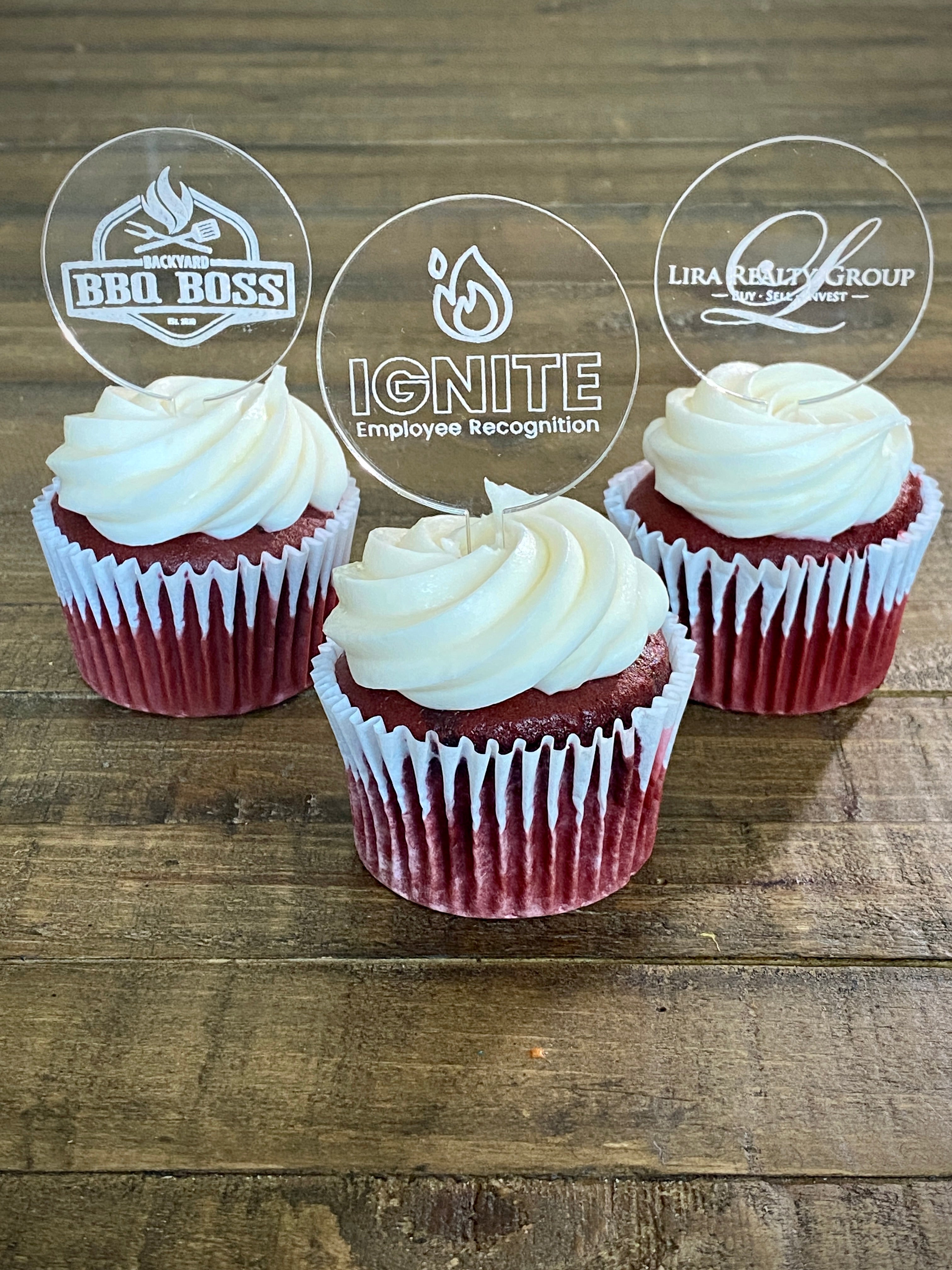 Custom Cupcake Toppers for businesses or corporate events, personalized with logos, branding, or event details. Perfect for adding a professional touch to your corporate celebrations, product launches, or promotional events, these toppers make a memorable impression and reinforce your brand identity.