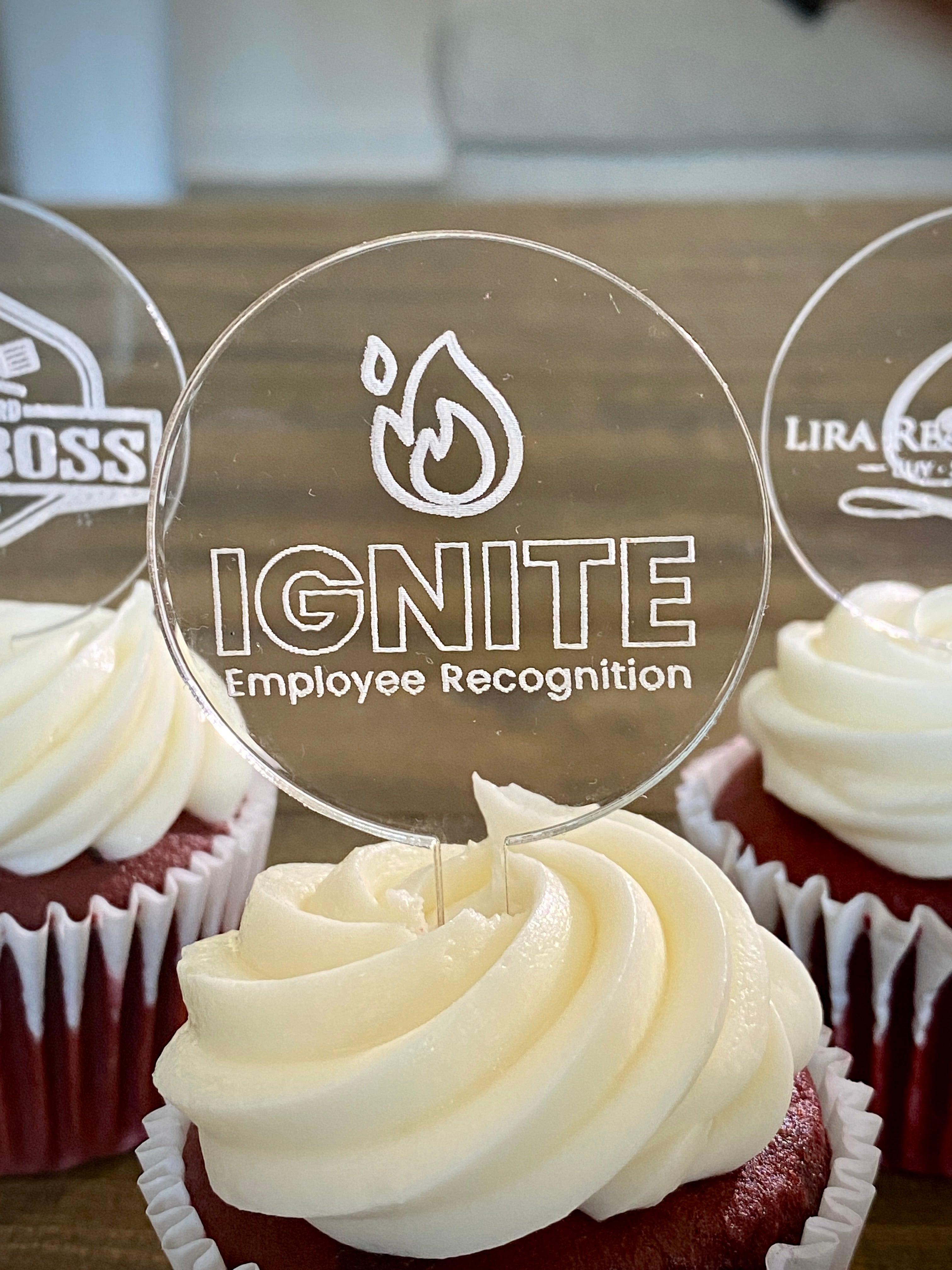 Custom Cupcake Toppers for businesses or corporate events, personalized with logos, branding, or event details. Perfect for adding a professional touch to your corporate celebrations, product launches, or promotional events, these toppers make a memorable impression and reinforce your brand identity.