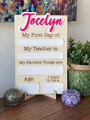 Custom School Sign Photo Prop for kids, featuring a reusable design with space for personalizing with their name. Perfect for celebrating the first day of school, this photo prop helps capture memorable moments while adding a personal touch to back-to-school photos.