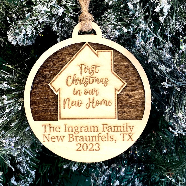 First Christmas in New House Ornament, custom with personalized text to celebrate a special milestone. A perfect Christmas gift or keepsake for new homeowners, adding a personal touch to your holiday decor.