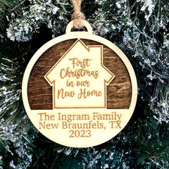 First Christmas in New House Ornament, custom with personalized text to celebrate a special milestone. A perfect Christmas gift or keepsake for new homeowners, adding a personal touch to your holiday decor.