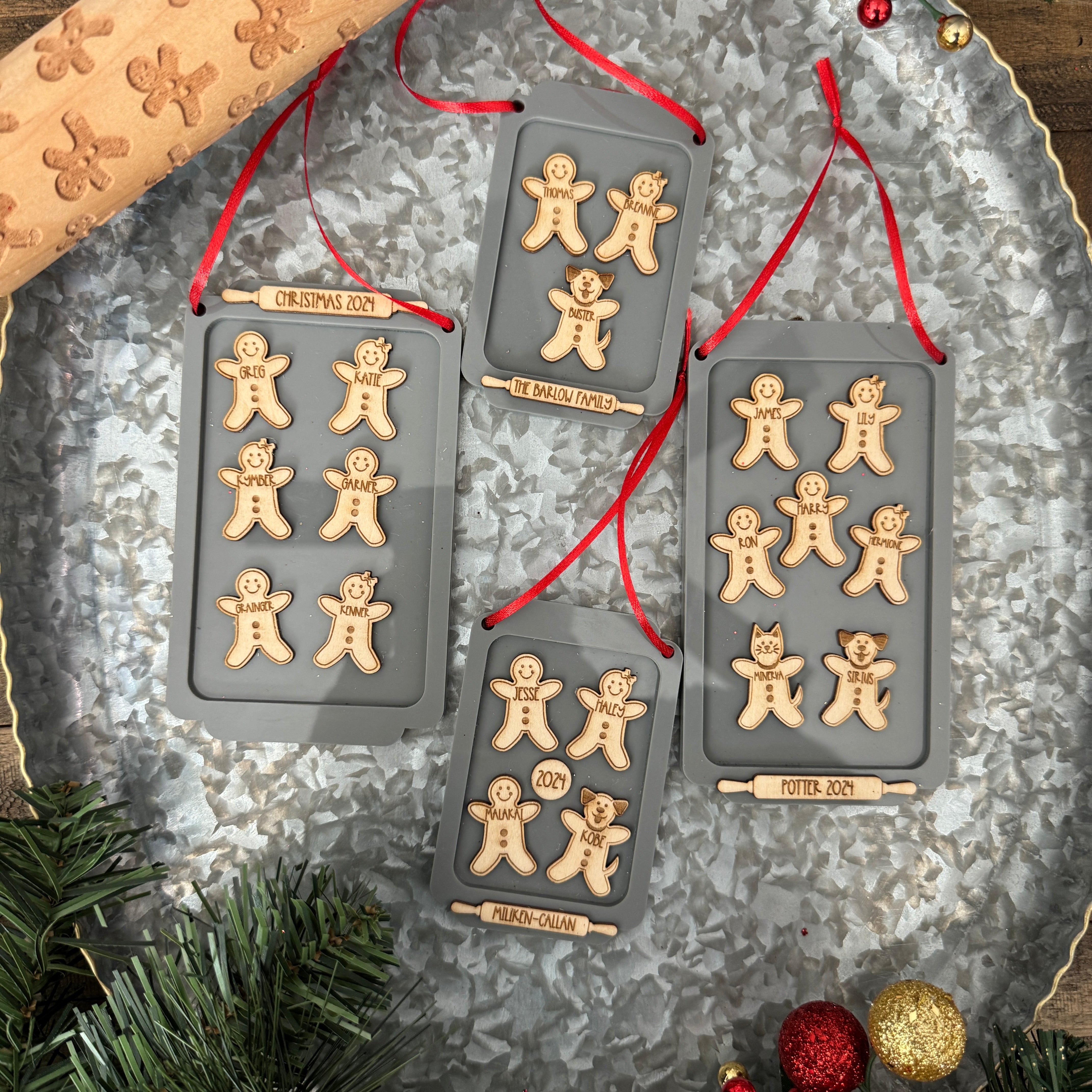 Gingerbread Family Ornament, featuring a charming design of gingerbread figures personalized with family members' names. A festive and sweet keepsake to celebrate family traditions and add a personal touch to your Christmas tree.