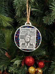 Donald Trump Christmas Ornament featuring the "Make Christmas Great Again" slogan. A fun and unique keepsake for political supporters, perfect for adding a personal touch to your holiday decor or giving as a gift to fans of Donald Trump.