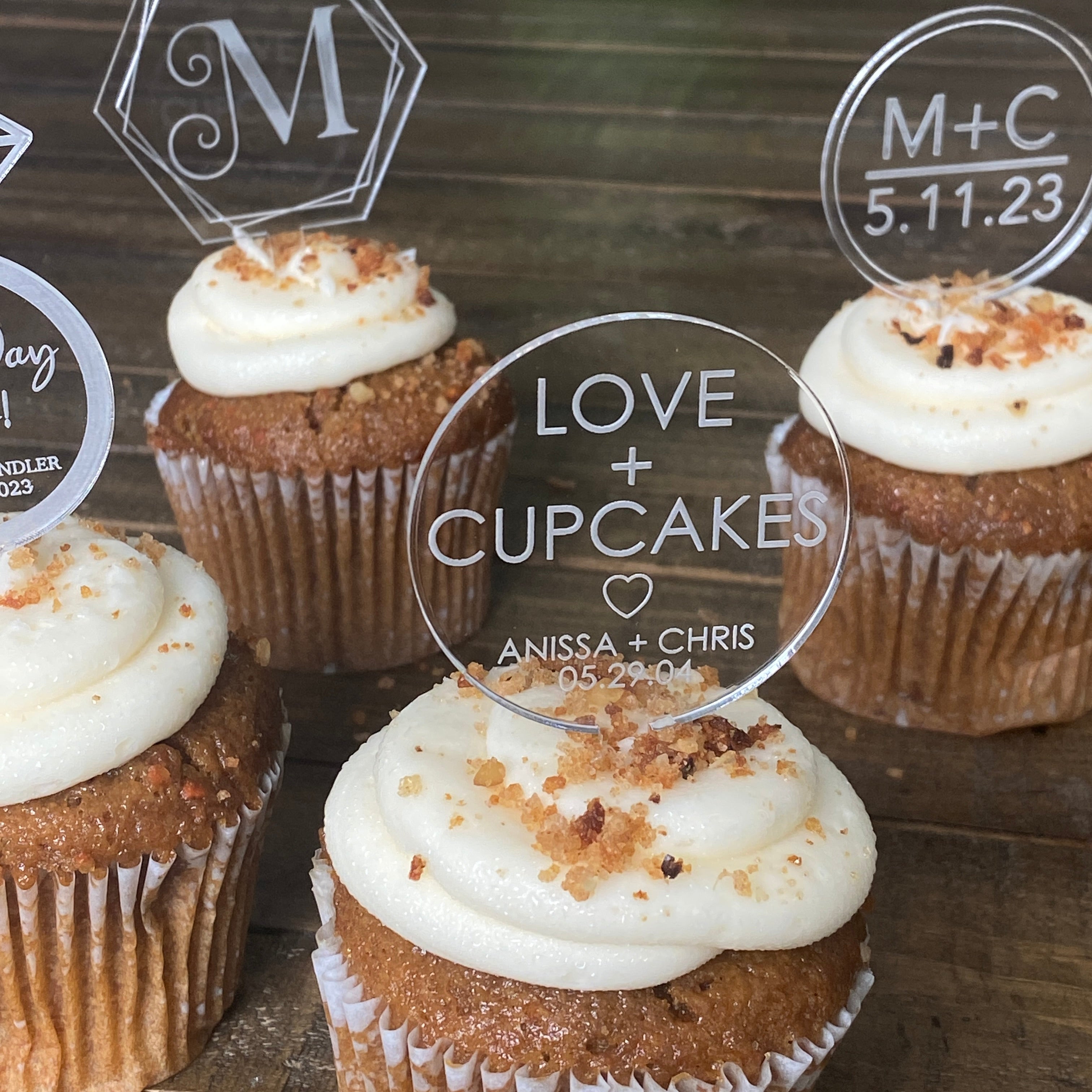 Custom Acrylic Cupcake Toppers in circle or ring shapes, ideal for weddings, birthdays, and special events. These personalized cupcake toppers are durable, stylish, and perfect for adding a unique touch to your baked goods. Available in a variety of custom designs to match your celebration theme.