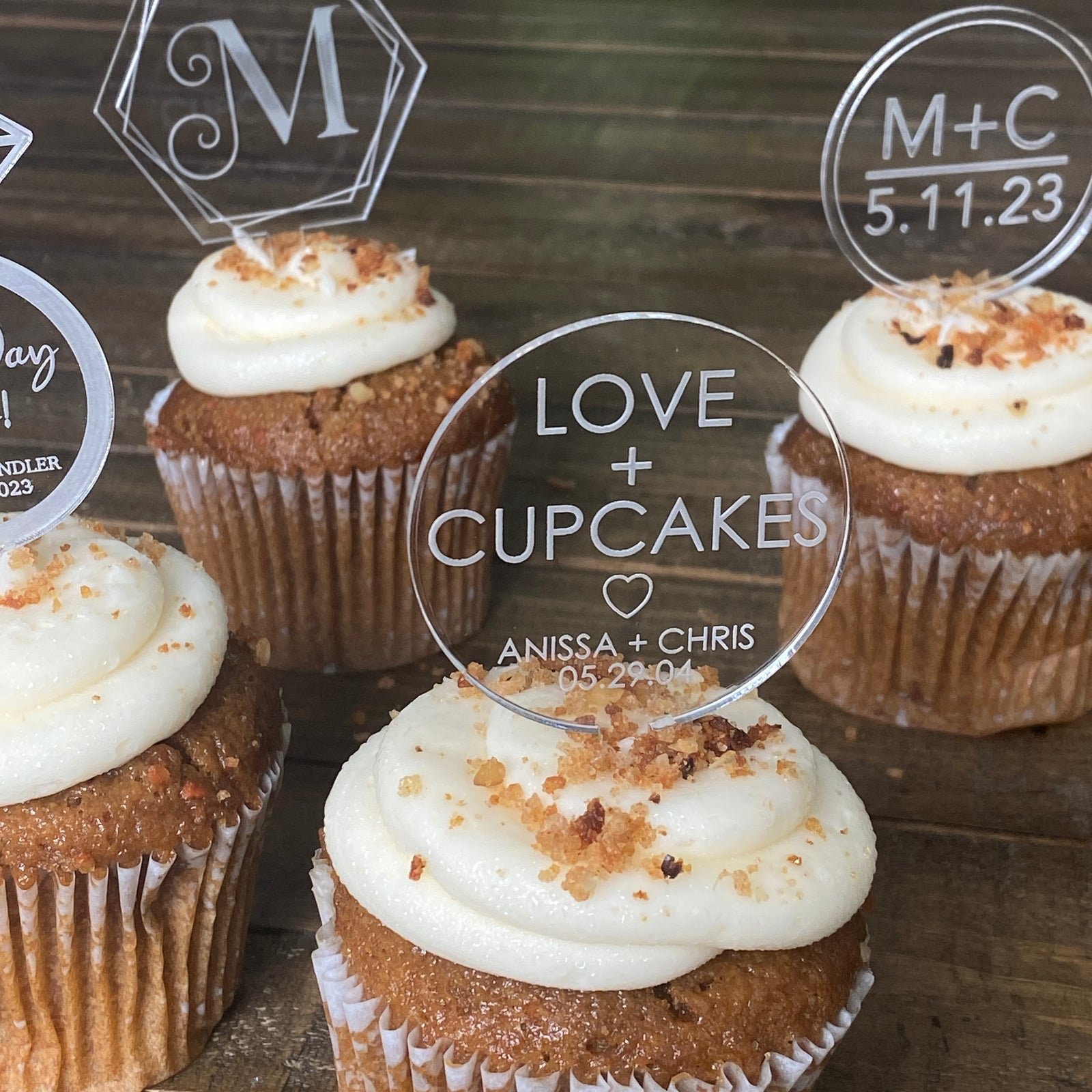 Custom Acrylic Cupcake Toppers in circle or ring shapes, ideal for weddings, birthdays, and special events. These personalized cupcake toppers are durable, stylish, and perfect for adding a unique touch to your baked goods. Available in a variety of custom designs to match your celebration theme.