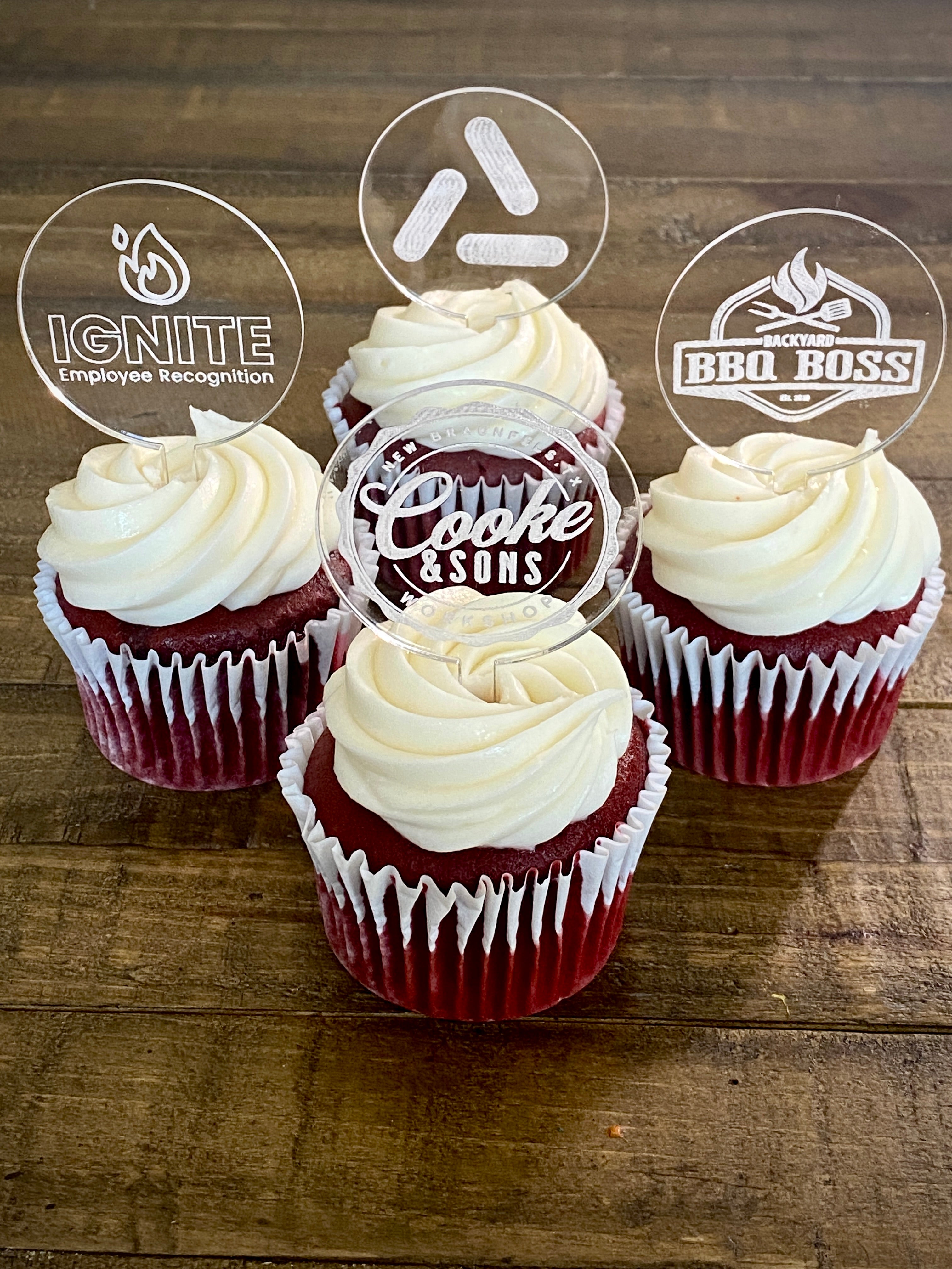Custom Cupcake Toppers for businesses or corporate events, personalized with logos, branding, or event details. Perfect for adding a professional touch to your corporate celebrations, product launches, or promotional events, these toppers make a memorable impression and reinforce your brand identity.