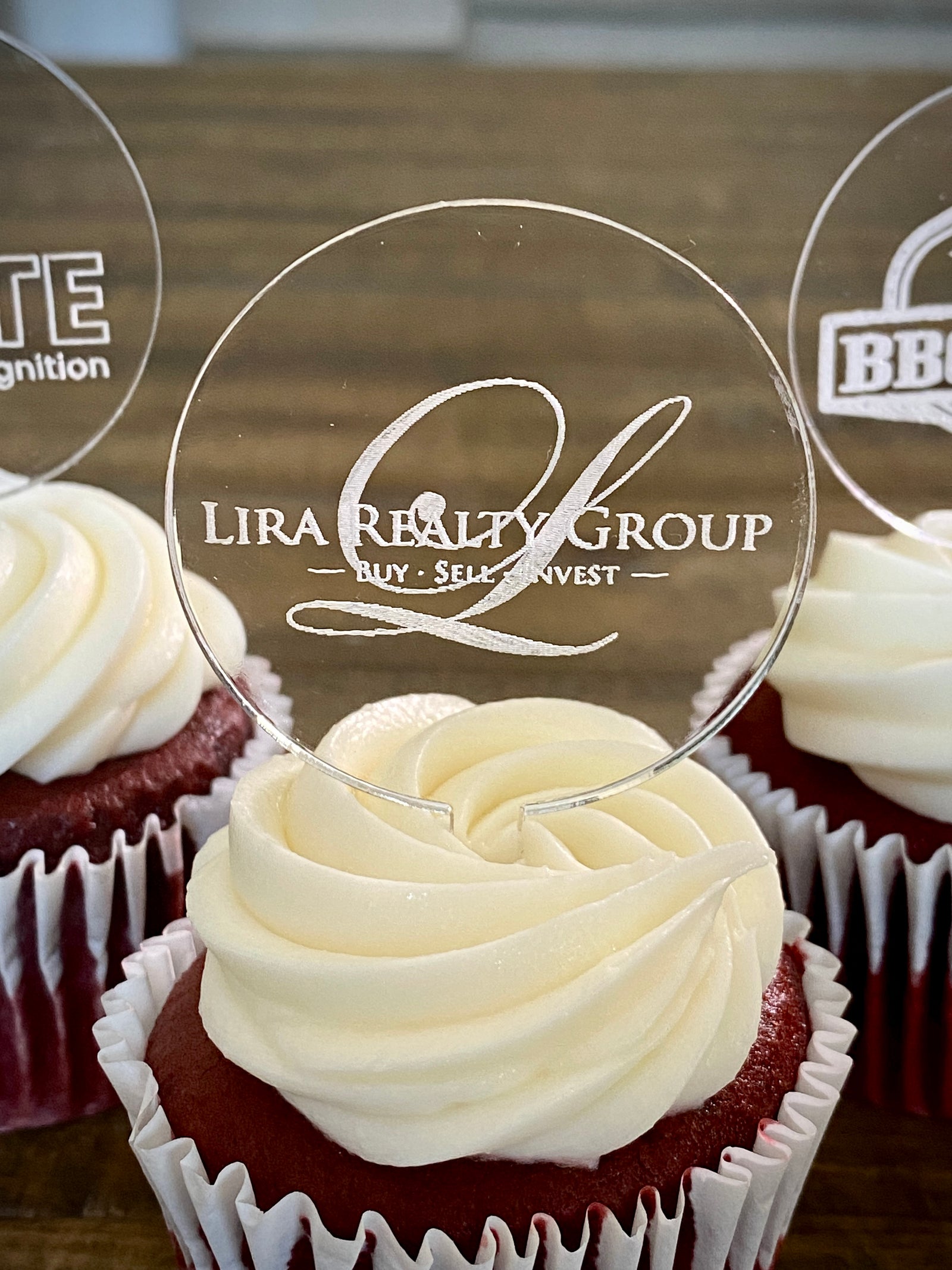 Custom Cupcake Toppers for businesses or corporate events, personalized with logos, branding, or event details. Perfect for adding a professional touch to your corporate celebrations, product launches, or promotional events, these toppers make a memorable impression and reinforce your brand identity.