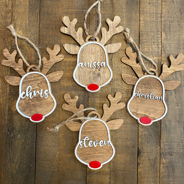 Custom Reindeer Ornament, personalized with names, dates, or special messages. A festive and unique keepsake to celebrate the holiday season, perfect for adding a personal touch to your Christmas tree or giving as a thoughtful gift.