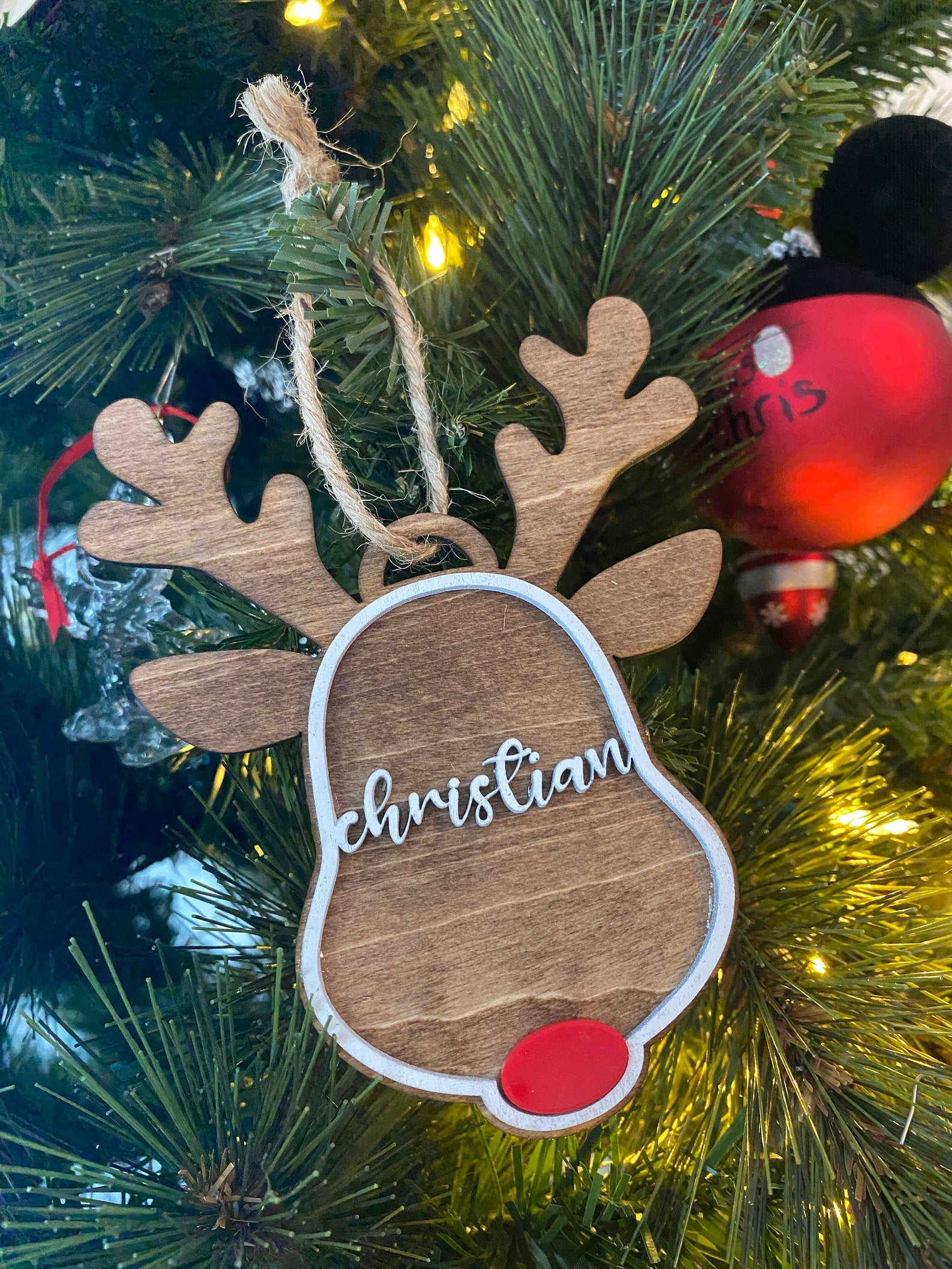 Custom Reindeer Ornament, personalized with names, dates, or special messages. A festive and unique keepsake to celebrate the holiday season, perfect for adding a personal touch to your Christmas tree or giving as a thoughtful gift.
