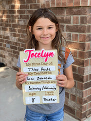 Custom School Sign Photo Prop for kids, featuring a reusable design with space for personalizing with their name. Perfect for celebrating the first day of school, this photo prop helps capture memorable moments while adding a personal touch to back-to-school photos.