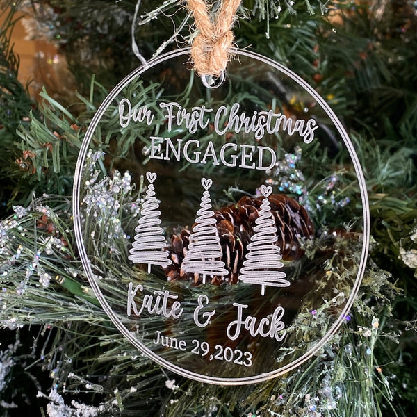 First Christmas Ornament, personalized for engagements, featuring the year 2024. A memorable keepsake to celebrate your first holiday season together, perfect for adding a special touch to your Christmas tree or giving as an engagement gift.