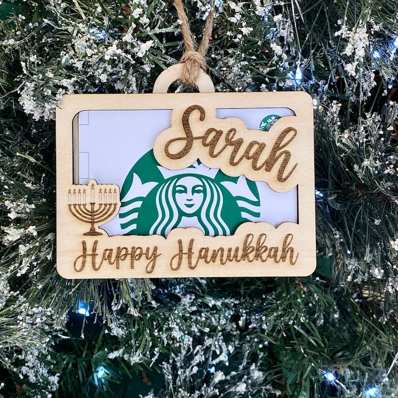 Gift Card Holder Hanukkah Ornament, personalized with your choice of two festive designs. A thoughtful and unique way to present gift cards during the Hanukkah season, adding a special touch to your holiday celebrations and gift-giving.