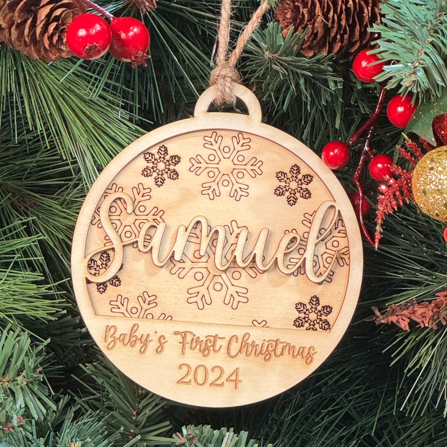 Baby's First Christmas Personalized Wood Ornament. Custom Gift for New Parents