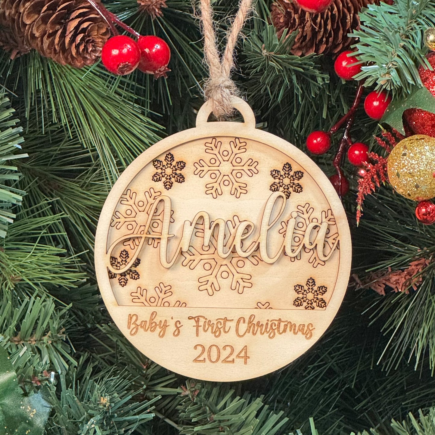 Baby's First Christmas Personalized Wood Ornament. Custom Gift for New Parents