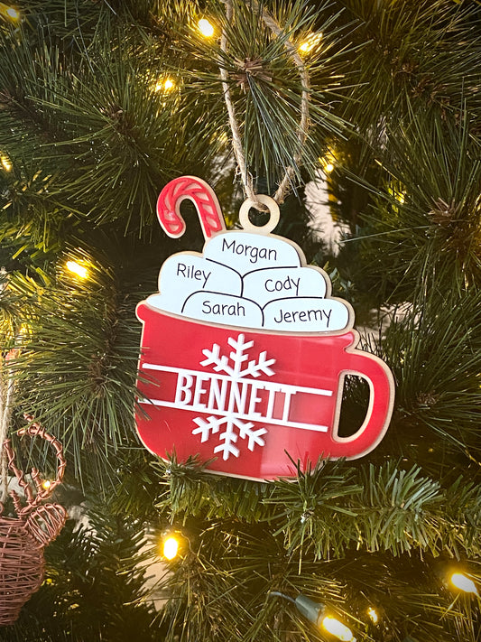 Family Christmas Ornament. Family Gift for Christmas. Adorable Hot Cocoa Design with up to 11 names.