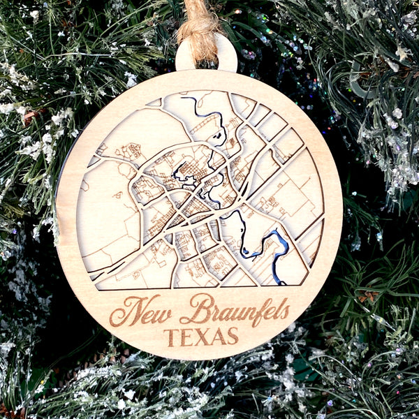 New Braunfels City Map Ornament, featuring a detailed and personalized map design of New Braunfels. A unique keepsake to celebrate the city’s charm, perfect for adding a special touch to your holiday decor or as a thoughtful gift for residents and visitors.
