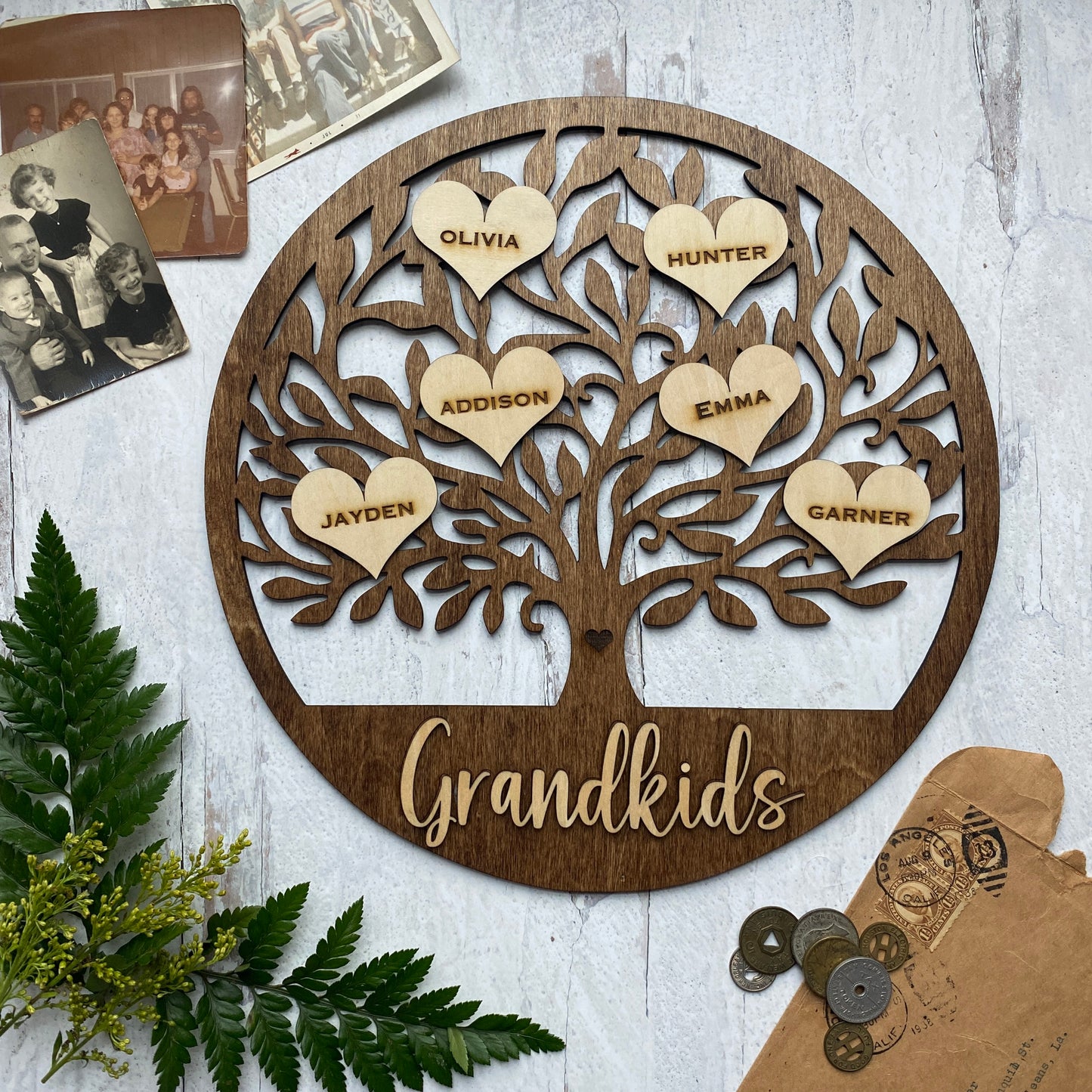 Personalized Wooden Family Tree Sign with name hearts.