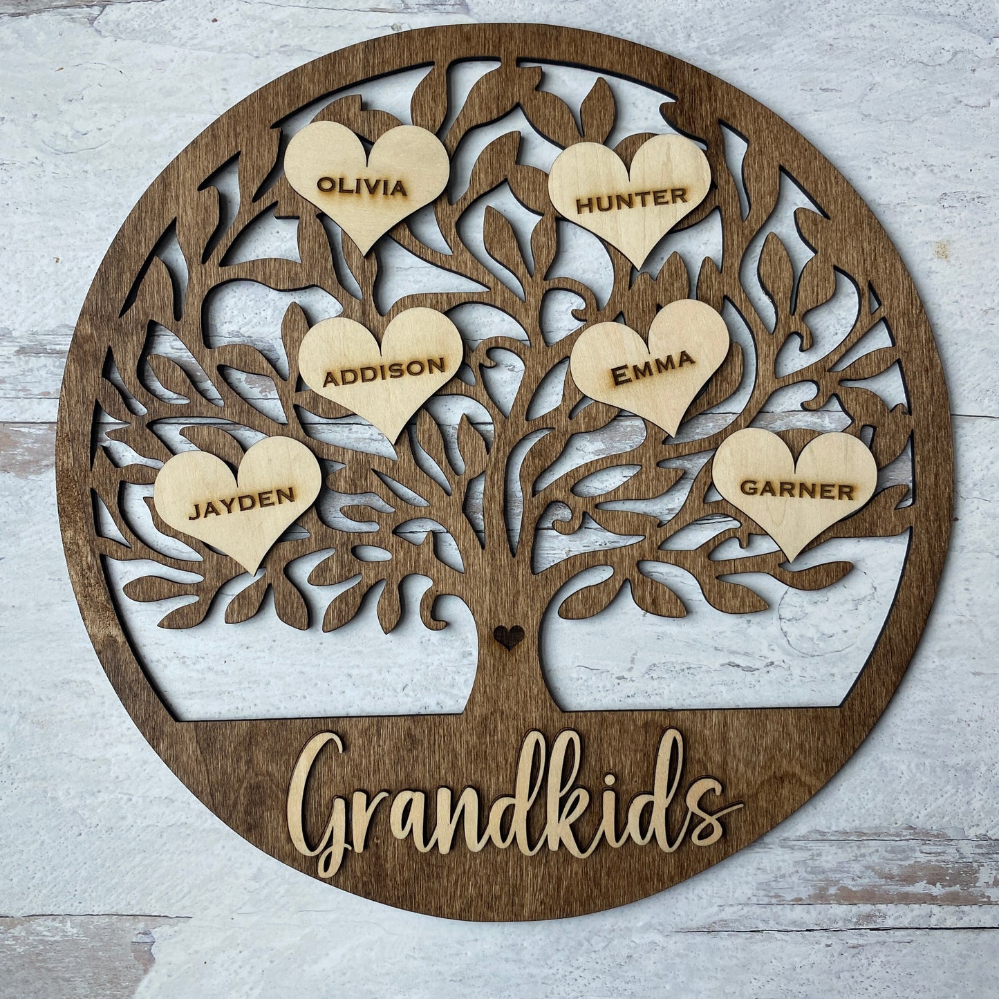 Personalized Wooden Family Tree Sign with name hearts.