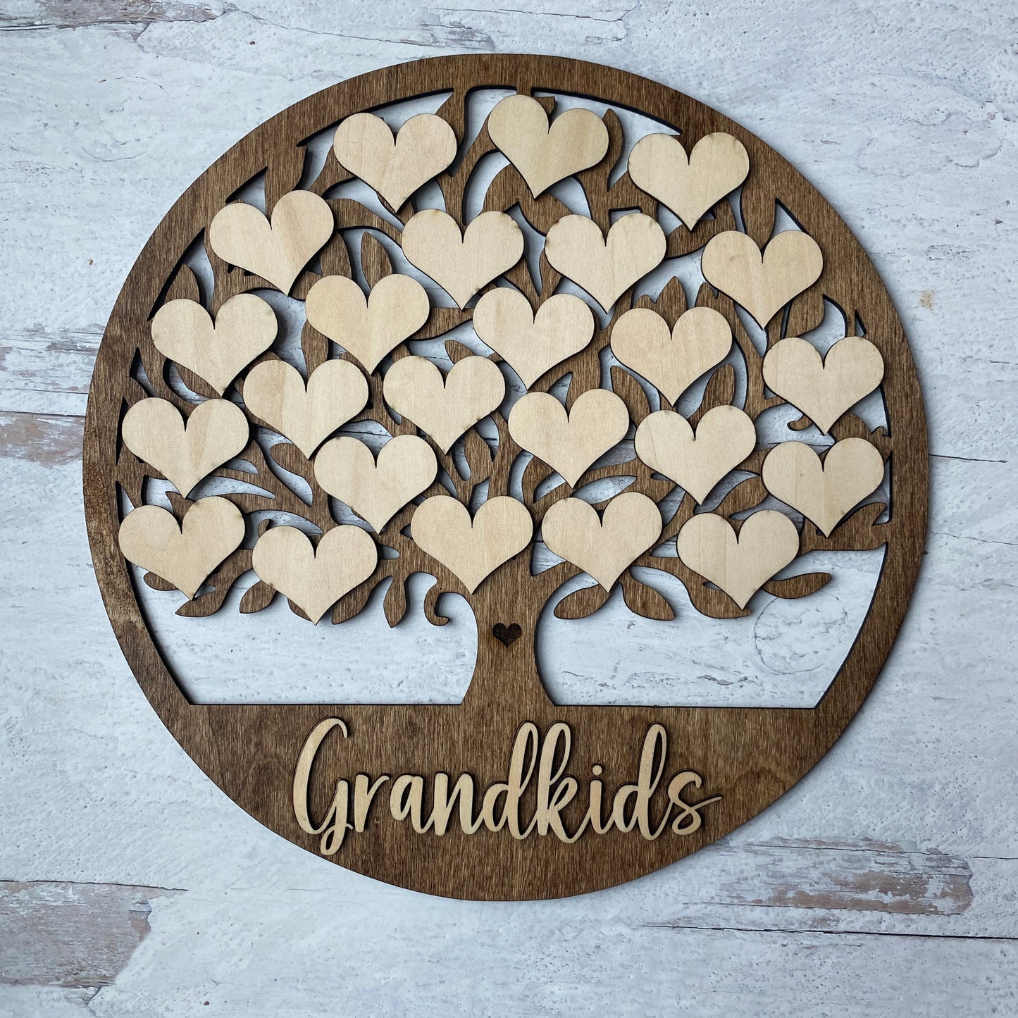 Personalized Wooden Family Tree Sign with name hearts.