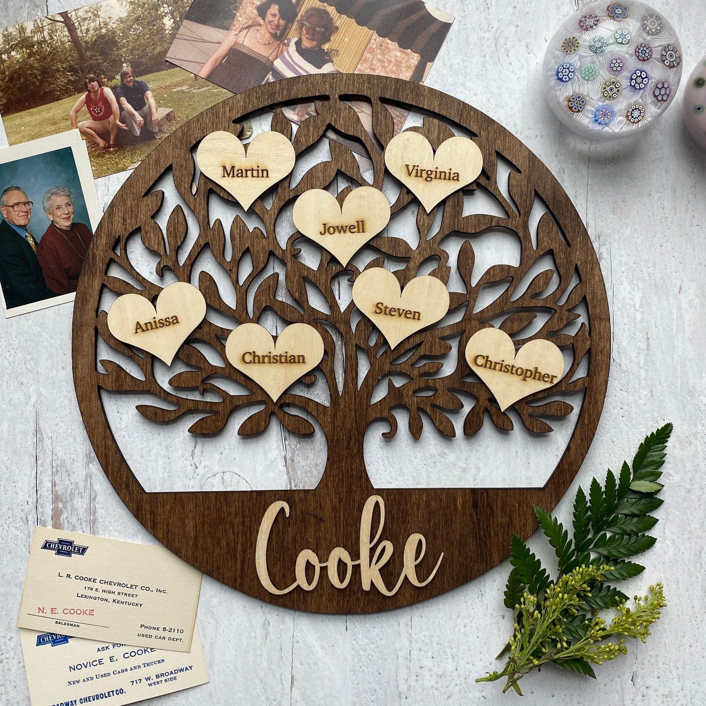 Personalized Wooden Family Tree Sign with name hearts.