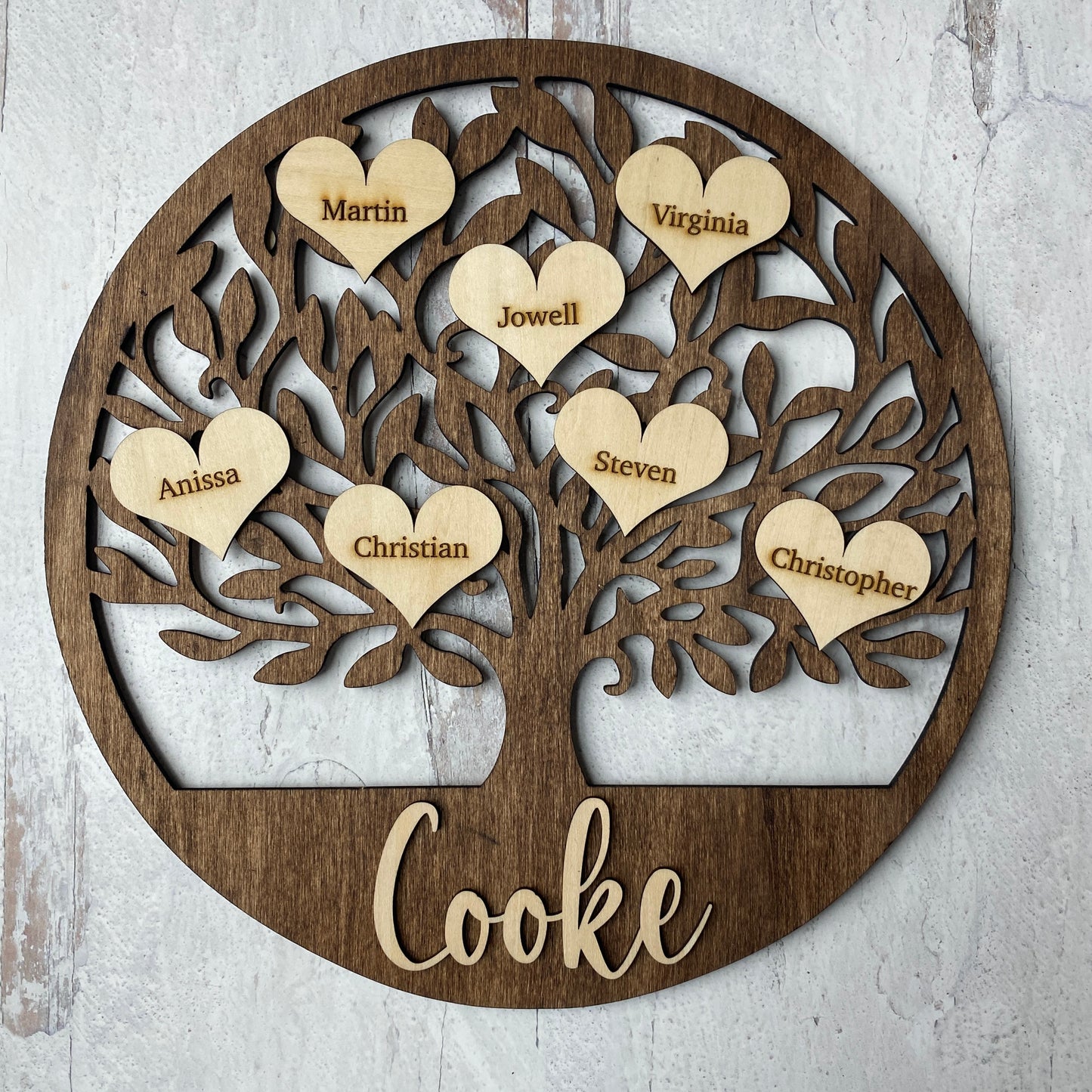 Personalized Wooden Family Tree Sign with name hearts.